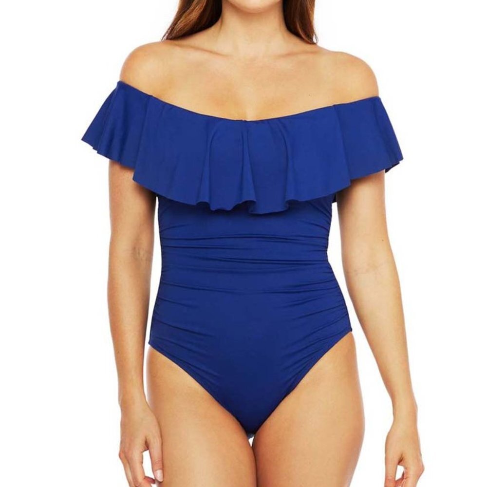 NWT LA BLANCA Island Goddess Off the Shoulder Ruffle One Piece Swimsuit Sz 6